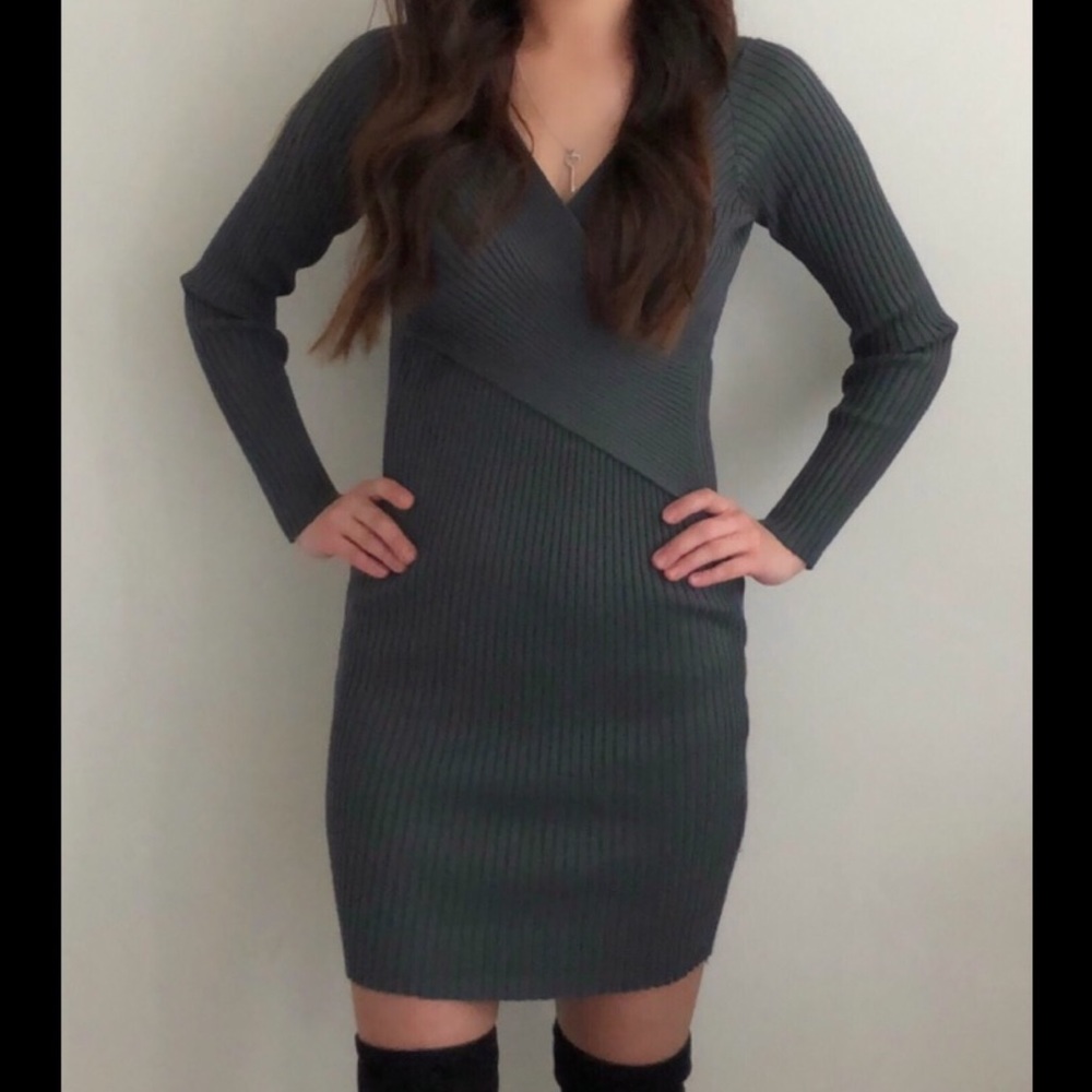 Ribbed Knit Wrap Sweater Dress